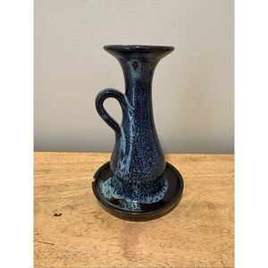 Handmade Studio Art Pottery Blue Chamberstick Tapered Candle Holder